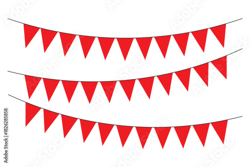 Bunting flag decoration party hanging on rope. Red triangle flags. Red triangle flags hanging on white background. Christmas or birthday, Party decoration. 
