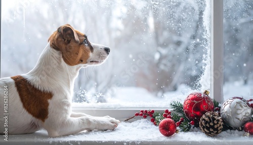 A dog gazes out a snow-covered window adorned with festive Christmas decorations. Tranquil indoor scene