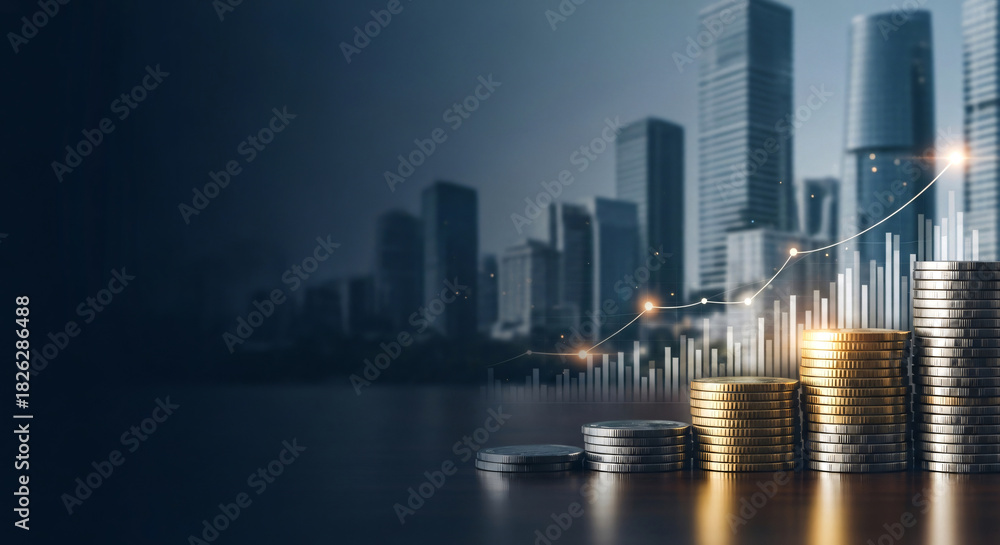Obraz premium Financial Success Concept Stacks of Coins Growth Chart City Background Blank Copy Space for Text