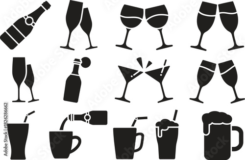 Silhouette Drink and Beverage Icons Set. Alcohol, Glasses, Bottles, Beverage Vector Illustration