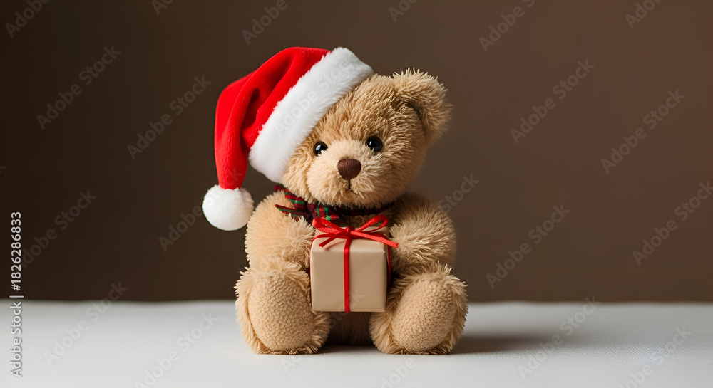 Fototapeta premium Teddy bear wearing santa hat holding christmas gift sits on white surface against brown backdrop, creating a festive and heartwarming holiday scene.