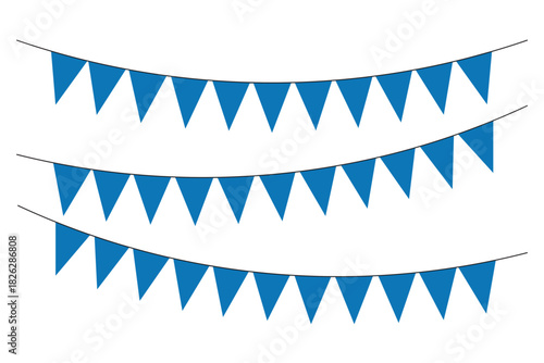 Bunting Banner with Triangle Shape Flags - Decorative bunting banner in shades of blue hung on a thin string. Festive bunting flags. Carnival garland with flags. Festive buntings for holiday design. 
