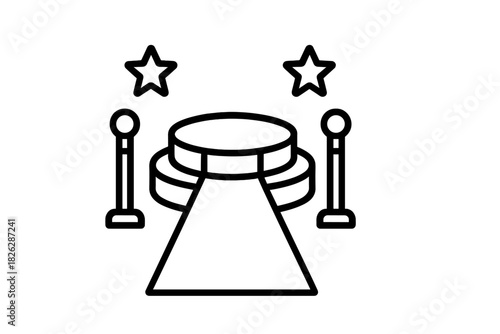 Winner's podium on a red carpet with stanchions and decorative stars