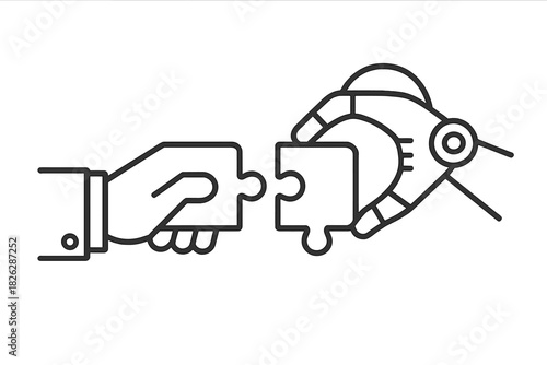 Human and robot hands connecting puzzle pieces symbolizing partnership and solution