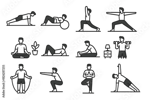 Line art icons showing various fitness and yoga poses for health and wellness training