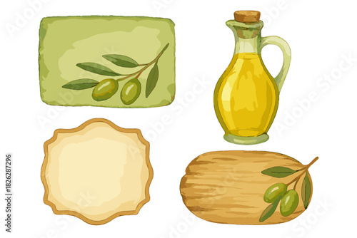 Watercolor olive oil bottle, green olive branches, and blank decorative labels