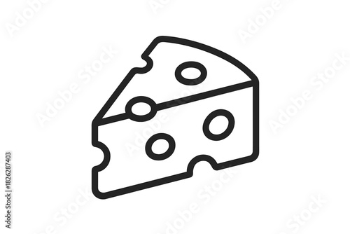 Minimalist black outline drawing of a triangular piece of cheese with holes