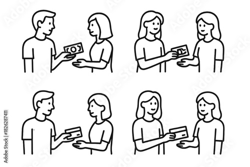 Financial transactions and money exchange between people using cash and credit cards