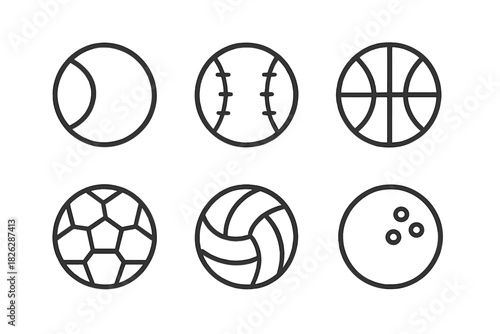 Outline icons of popular sports balls: tennis, baseball, basketball, soccer, volleyball, and bowling