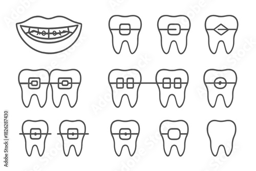 Line icons representing dental braces, orthodontic treatment, and teeth alignment process
