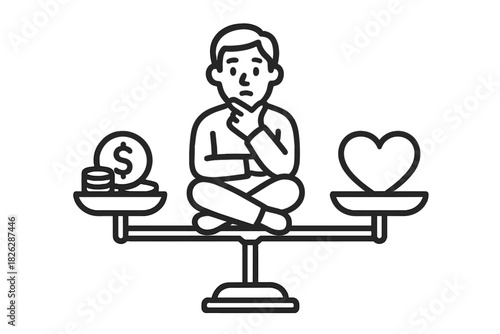 Person balancing money and love on a scale, symbolizing personal values and priorities