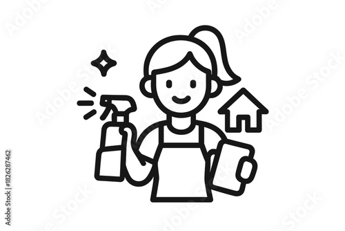 Cleaning service worker holding spray bottle and cloth ready for housekeeping