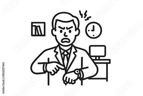Stressed worker pointing at wrist watch indicating urgency and time pressure