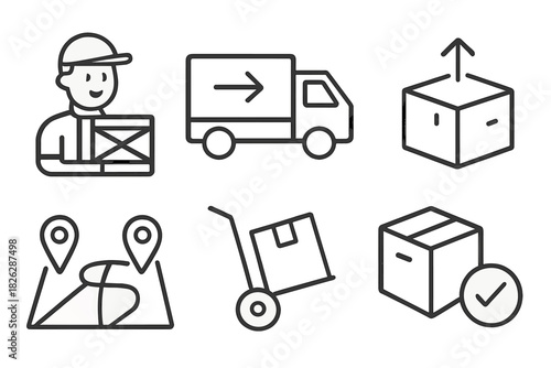 Collection of outline symbols for shipping, delivery, logistics, and transportation services