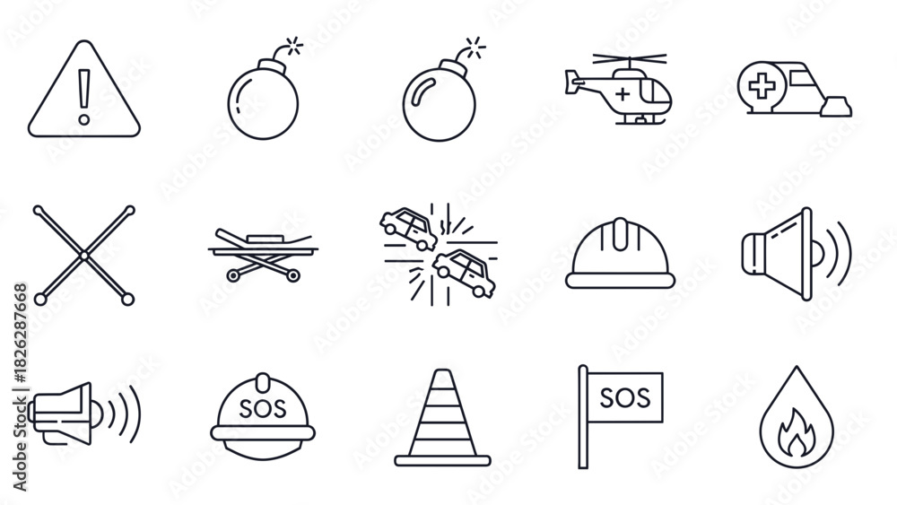 Fototapeta premium Emergency icons depicting various hazards, rescue, and safety measures in a line art style.