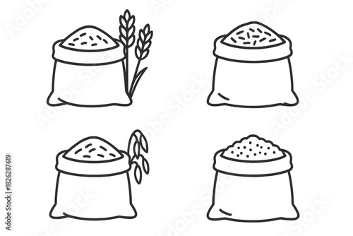 Set of simple bags filled with rice, wheat, flour, and other cereal grains