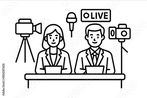 Professional news anchors broadcasting live from a studio desk with cameras and microphone