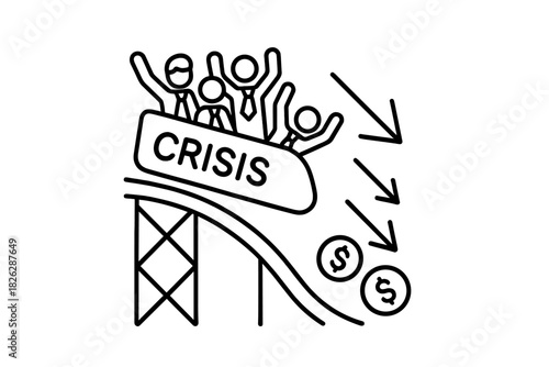 Business people riding a crisis roller coaster symbolizing financial market crash and economic downturn