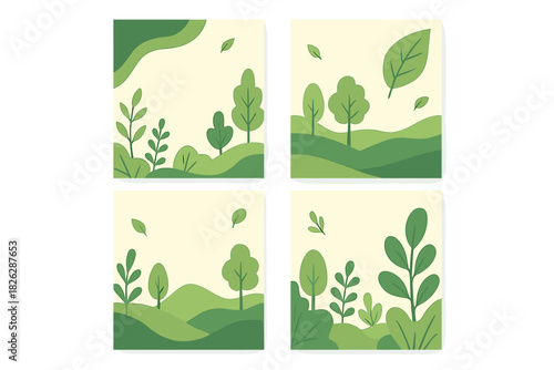 Stylized green nature backgrounds featuring trees plants and rolling hills