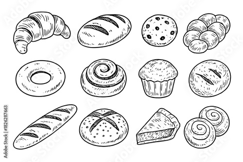 Hand drawn bakery items featuring fresh bread, sweet pastries, croissant, bagel, and desserts