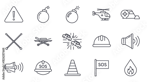 Emergency icons depicting various hazards, rescue, and safety measures in a line art style.