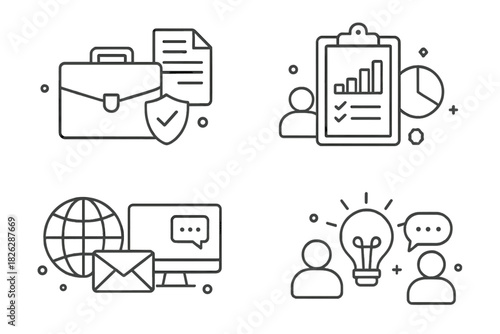 Financial security, data analysis, global communication, and creative brainstorming concepts