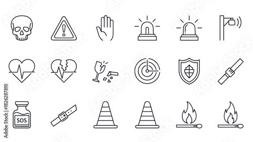 Collection of safety and warning icons in outline style, isolated on white.