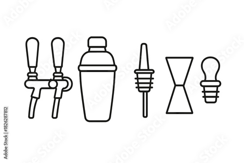 Essential bar equipment set including beer taps cocktail shaker jigger and bottle stoppers