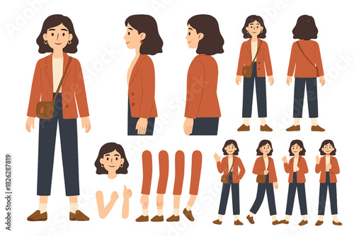 Comprehensive character design sheet of a young woman with multiple views and poses