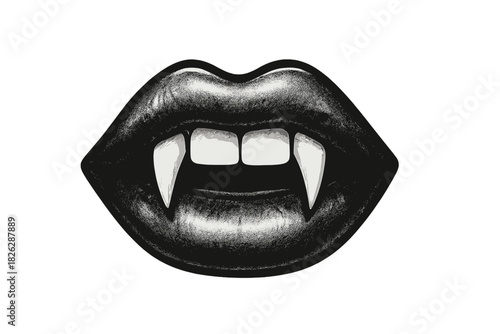 Close up of glossy black lips revealing sharp white vampire fangs on isolated background