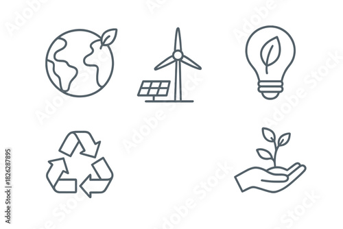 Five outline icons for environmental conservation, renewable energy, and recycling