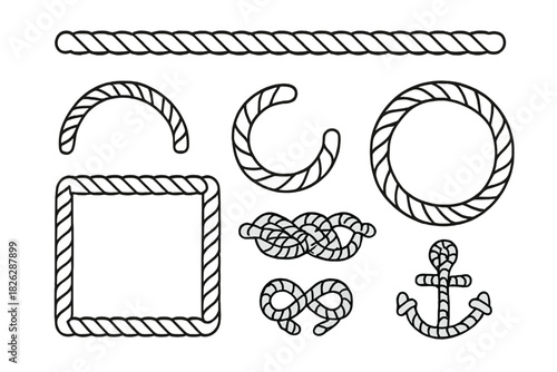 Nautical rope elements collection featuring borders, decorative knots, frames, and marine anchor outline
