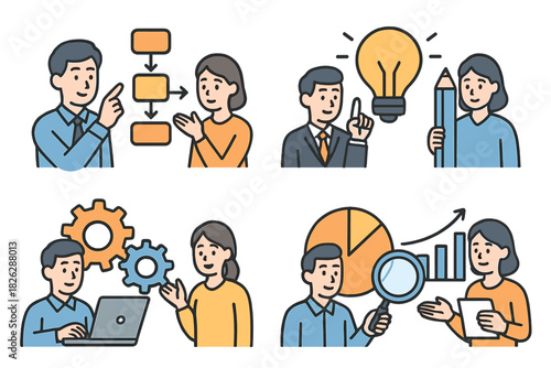 Business team collaborating on strategy, innovation, workflow, and financial analysis