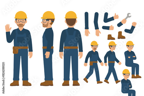 Male construction worker character set featuring multiple poses and separate body parts