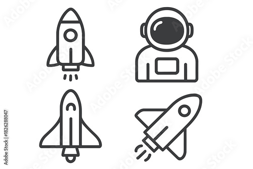 Space travel and exploration elements with rockets, a space shuttle, and an astronaut helmet