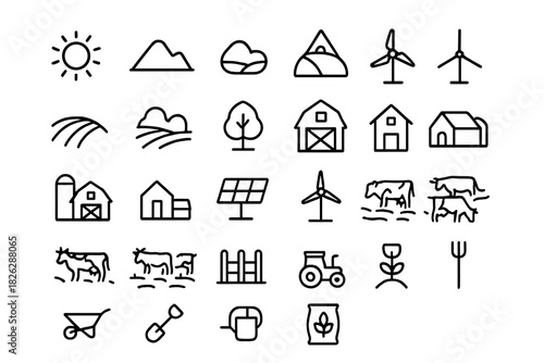 Minimalist black line symbols for farming, rural buildings, livestock, and renewable energy