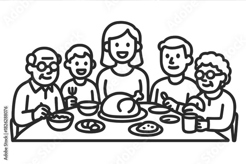 Smiling multi-generational family eating roasted turkey dinner at large dining table