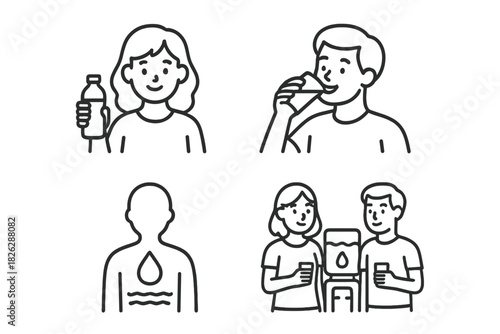 Simple line icons showing people drinking water and body hydration concepts