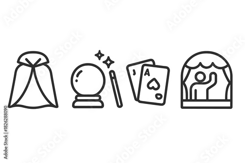 Magic show and illusion elements including cape, crystal ball, playing cards, and stage performer