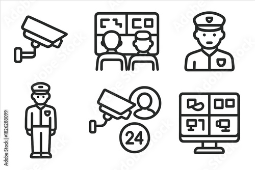 Security and surveillance system featuring CCTV cameras, control room monitoring, and uniformed guards