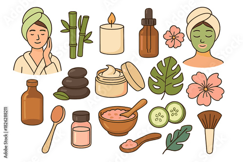 Spa and beauty treatment elements collection featuring women, natural ingredients, and cosmetic products