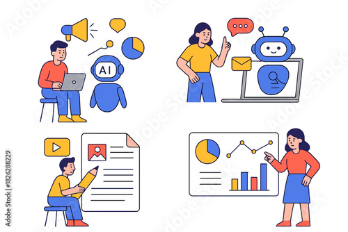 Modern business concepts set showing artificial intelligence, data analysis, content creation, and digital marketing