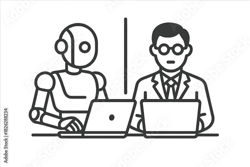 Robot and human businessman collaborating on laptops separated by a dividing line