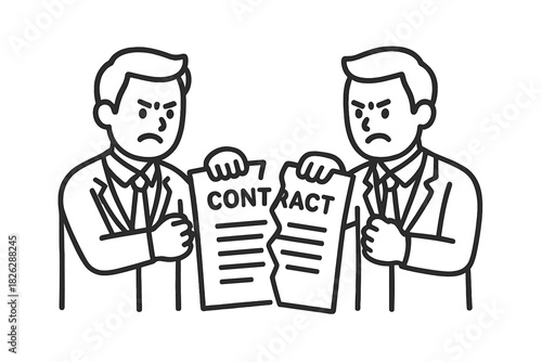 Two angry businessmen tearing a legal contract document symbolizing a broken agreement or termination