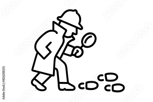 Detective examining footprints on ground with magnifying glass during investigation