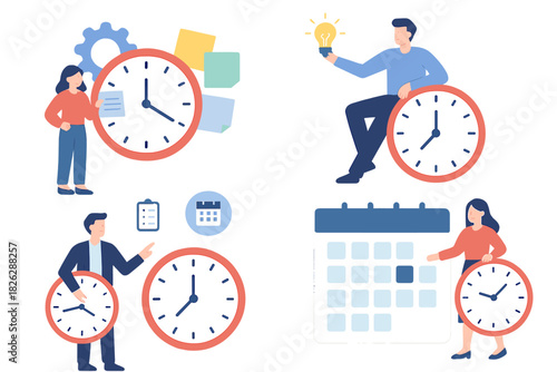 Business people managing time, planning schedules, and meeting deadlines with clocks and calendars