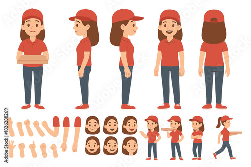 Customizable female delivery worker character kit with various poses and facial expressions
