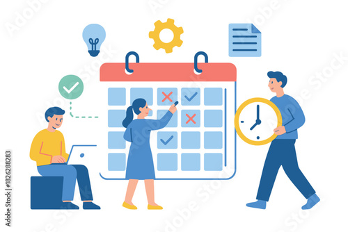 Business team planning project schedule and managing time using a large calendar