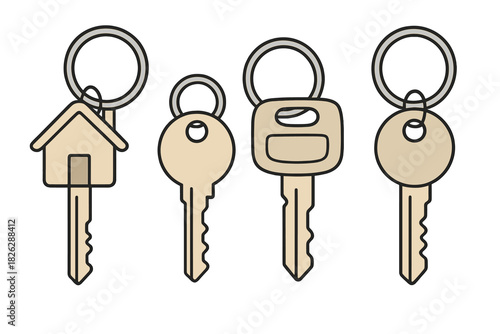 Assortment of keys for home and vehicle security with various keyrings