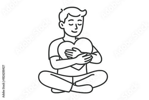 Young man sitting cross-legged embracing heart symbolizing self-love and emotional well-being